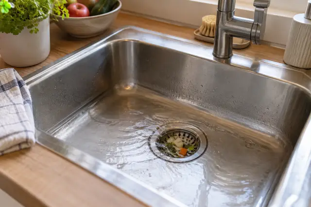 Küchenspüle mit langsam ablaufendem Wasser, Abflusssieb und aufgefangenen Speiseresten