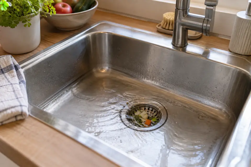 Küchenspüle mit langsam ablaufendem Wasser, Abflusssieb und aufgefangenen Speiseresten